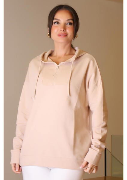 Kapüşonlu Yakası Fermuarlı Pudra Kadın Sweatshirt 2052-2K5 fiyatları