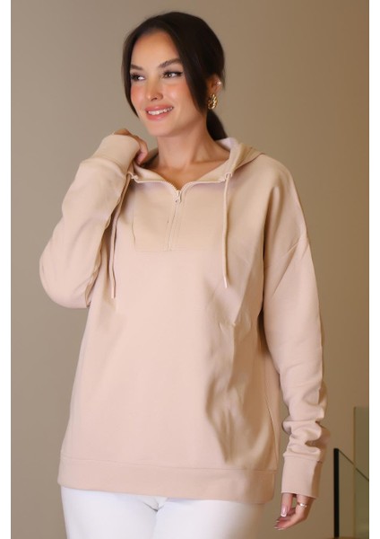 Kapüşonlu Yakası Fermuarlı Pudra Kadın Sweatshirt 2052-2K5 modelleri
