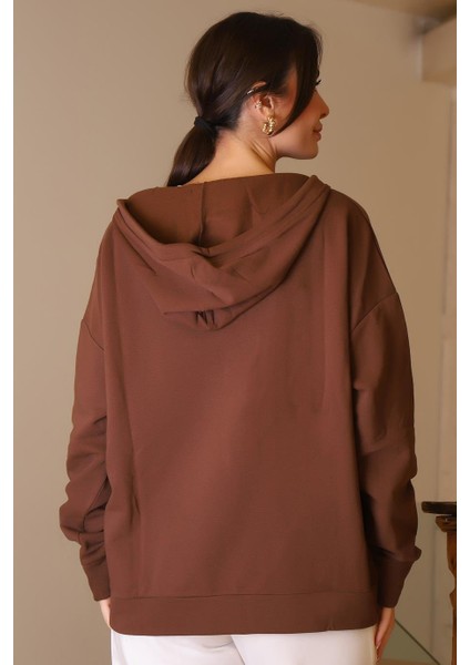 Kapüşonlu Yakası Fermuarlı Kahve Kadın Sweatshirt 2052-2K5 fırsatları