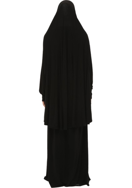 Pratik Iki Parça Pamuklu Yarasa Kollu Başörtülü Organik Tesettür Namaz Elbisesi-Siyah