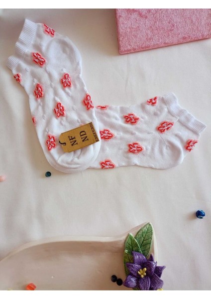 Çorap Burun Dikişsiz Pamuklu Kısa Konç Desenli Kadın Patik Çorabı Beyaz Pembe 36-40 Tek Adet