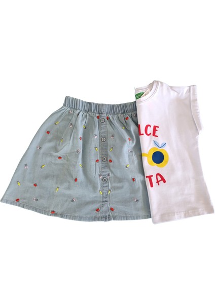 Fancy Kids Kız Çocuk Baskılı Beyaz T-Shirt Nakış Baskılı Mavi Etek 3-4 Yaş Beyaz - Mavi indirimleri