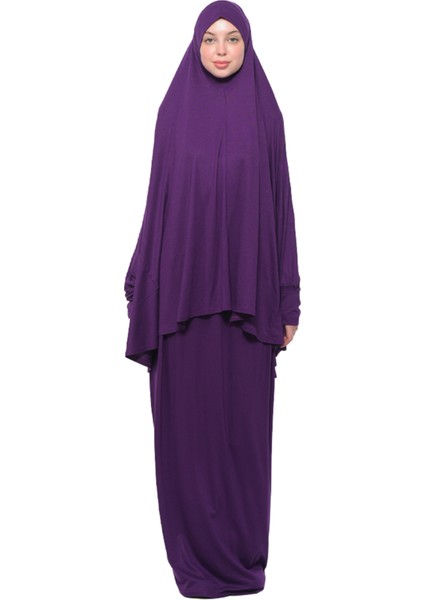 Pratik Iki Parça Pamuklu Yarasa Kollu Başörtülü Organik Tesettür Namaz Elbisesi-Mürdüm
