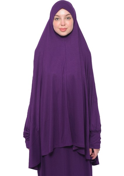 Pratik Iki Parça Pamuklu Yarasa Kollu Başörtülü Organik Tesettür Namaz Elbisesi-Mürdüm fiyatları
