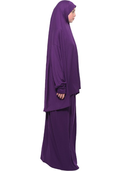 Pratik Iki Parça Pamuklu Yarasa Kollu Başörtülü Organik Tesettür Namaz Elbisesi-Mürdüm modelleri