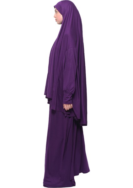 Pratik Iki Parça Pamuklu Yarasa Kollu Başörtülü Organik Tesettür Namaz Elbisesi-Mürdüm fırsatları