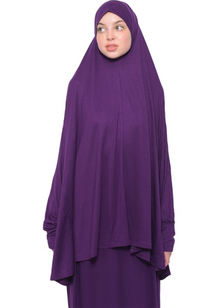 Pratik Iki Parça Pamuklu Yarasa Kollu Başörtülü Organik Tesettür Namaz Elbisesi-Mürdüm indirimleri