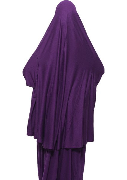 Pratik Iki Parça Pamuklu Yarasa Kollu Başörtülü Organik Tesettür Namaz Elbisesi-Mürdüm