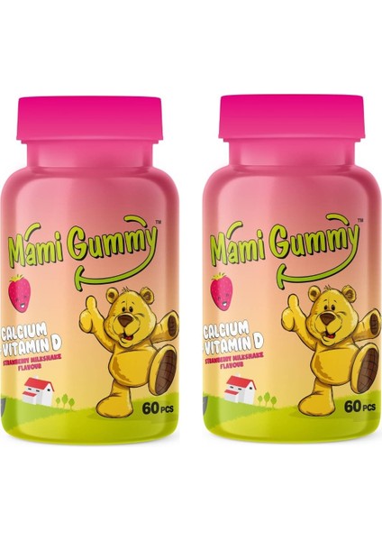 Kids Gummies D Vitamini ve Kalsiyum Içeren 60 Adet Çiğnenebilir Gummy Jel Çilek Aromalı - 2 Adet