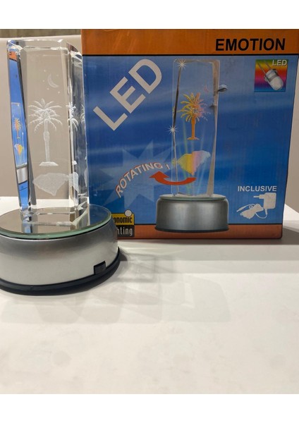 Dekoratif Cam Dönen Masa Lambası Adaptörlü Pilli