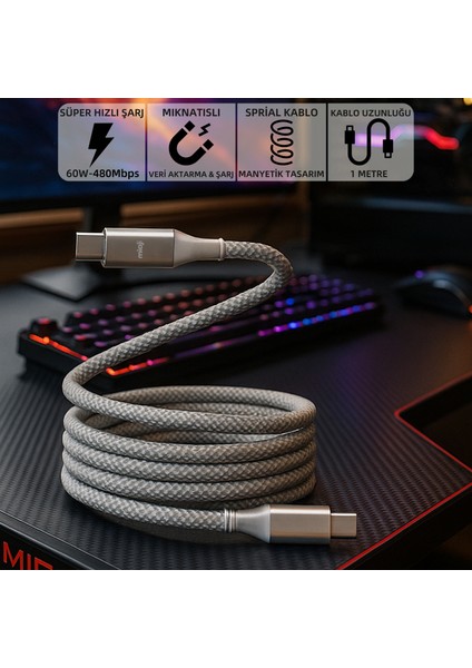 Mio SC1000 USB-C 60W Mıknatıslı Hızlı Şarj Kablosu Huawei, Samsung, Oppo, Xiaomi, iPhone-Beyaz