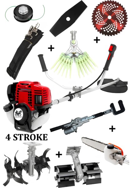 4 Zamanlı Profesyonel Yan Tırpan+Tırnaklı Silkeleme+Ağaç Silkeleme+Dal Budama+ Akrep + Paletli Çapa