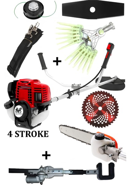 4 Zamanlı Profesyonel Yan Tırpan + Tırnaklı Silkeleme + Ağaç Silkeleme + Dal Budama Aparatı