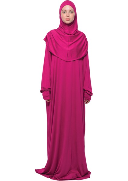 Pratik Tek Parça Pamuklu Yarasa Kollu Tak Çıkar Başörtülü Organik Tesettür Namaz Elbisesi-Fuşya