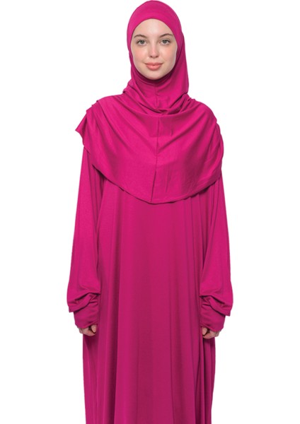 Pratik Tek Parça Pamuklu Yarasa Kollu Tak Çıkar Başörtülü Organik Tesettür Namaz Elbisesi-Fuşya fiyatları