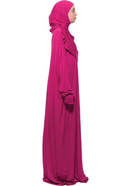 Pratik Tek Parça Pamuklu Yarasa Kollu Tak Çıkar Başörtülü Organik Tesettür Namaz Elbisesi-Fuşya modelleri