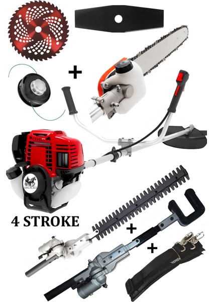 4 Zamanlı Profesyonel Yan Tırpan + Dal Budama + Ağaç Silkeleme + Çit Kesme Aparatı