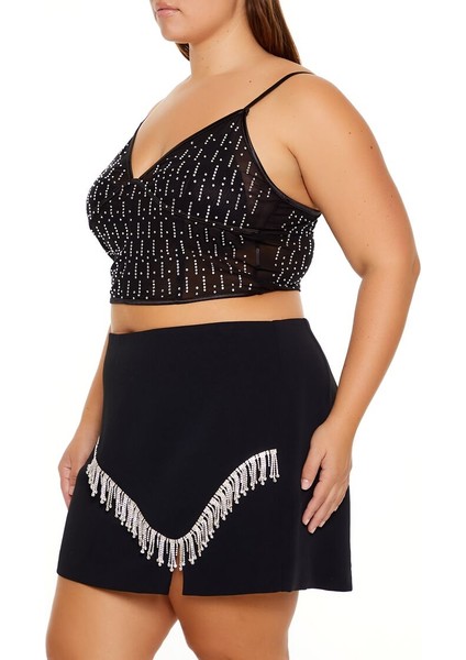 Plus Size Transparan Taşlı Bluz
