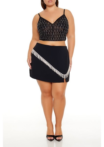 Plus Size Transparan Taşlı Bluz
