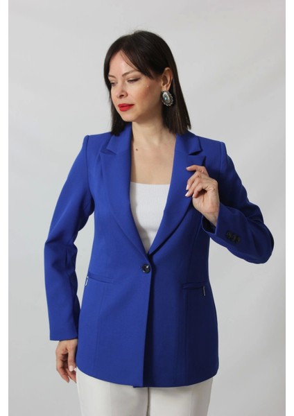 1904 Sax Fermuarlı Cep Aksesuarlı Kadın Büyük Beden Blazer Ceket
