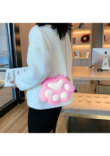 Pembe Kedi Patili Zincir Askılı Peluş Çanta