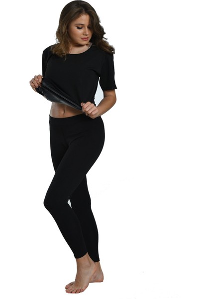Siyah Kadın Yarım Kollu Termal Sauna Atlet Tayt Takım - 746 - Beden 3xl Bstmy