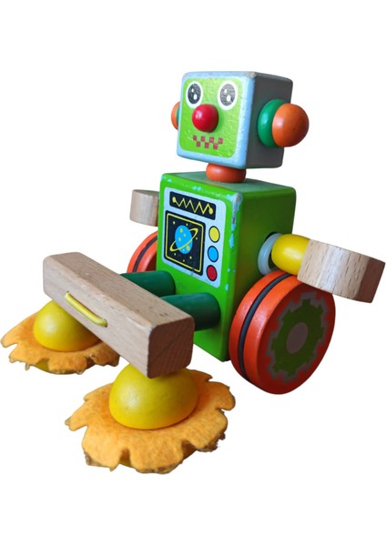 Vintage Ahşap Tekerlekli Robot Oyuncak Satürn Temalı & 12 X12 x 10 cm