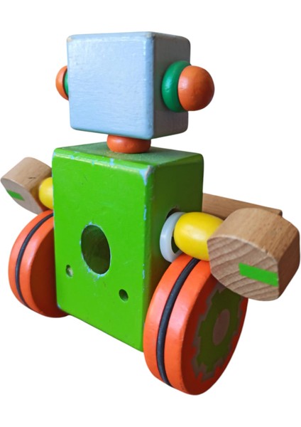 Vintage Ahşap Tekerlekli Robot Oyuncak Satürn Temalı & 12 X12 x 10 cm