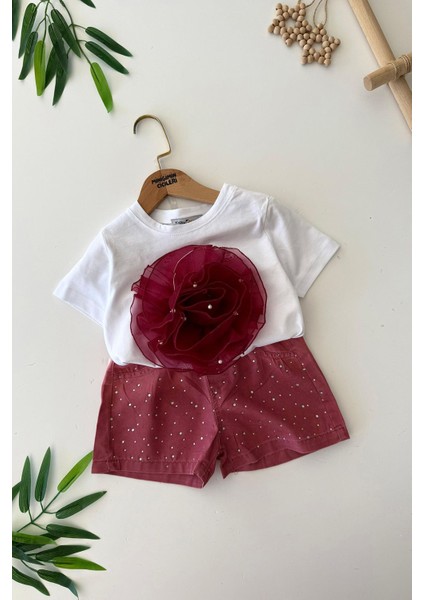 Batik Gül Detaylı Taşlı Kız Çocuk Şortlu 2 li takım - Bordo