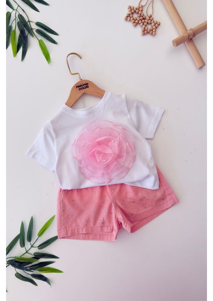 Batik Gül Detaylı Taşlı Kız Çocuk Şortlu 2 li takım - Pembe