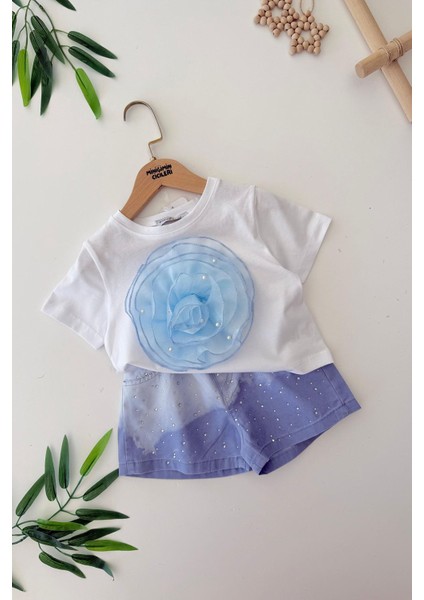Batik Gül Detaylı Taşlı Kız Çocuk Şortlu 2 li takım - Mavi
