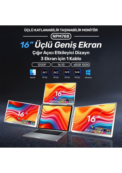 NPM788 16" Fhd 1200P IPS Type-C Taşınabilir 3'lü Monitör Çoklayıcı Standlı Notebook Monitör