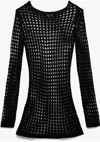 Slim Fit Uzun Kollu Bisiklet Yaka Mini Kroşe File Plaj Elbisesi fiyatları