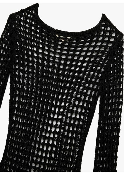 Slim Fit Uzun Kollu Bisiklet Yaka Mini Kroşe File Plaj Elbisesi modelleri