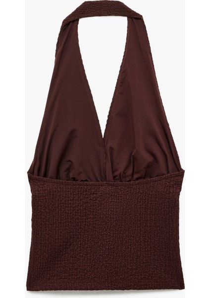 Bürümcük Kumaş Dokulu Slim Fit Sırt Dekolteli Halter Yaka Bluz
