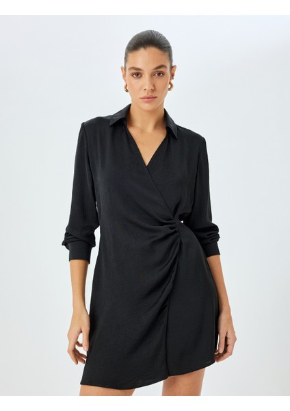 Uzun Kollu Drape Detaylı Mini Boy Kruvaze Gömlek Elbise