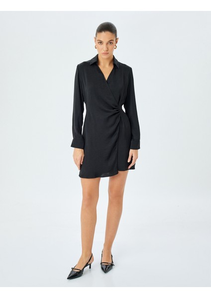 Uzun Kollu Drape Detaylı Mini Boy Kruvaze Gömlek Elbise modelleri