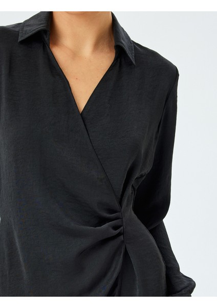 Uzun Kollu Drape Detaylı Mini Boy Kruvaze Gömlek Elbise indirimleri