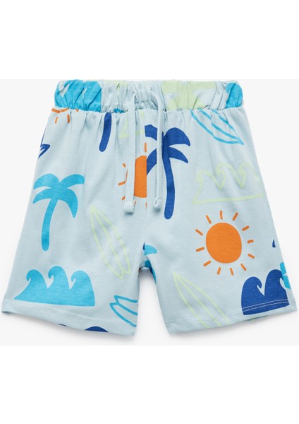 Pamuklu Cep Detaylı Beli Bağcıklı Baskılı Şort