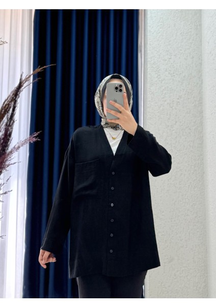 Soryla Önü Düğmeli Tek Cepli Keten GÖMLEK-BN4423 Siyah