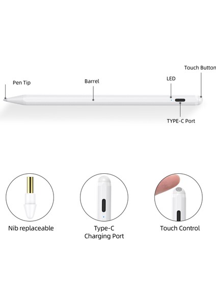 P6P Şarj Edilebilir Dokunmatik Ekran Avuç Içi Reddedici Aktif Kalem (Ce Sertifikalı) iPad Pro/ipad Air/ipad Mini/ipad (2018 ve Sonrası) Için (Yurt Dışından)