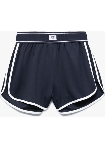 Beli Lastikli Etiket Baskılı Çizgili Mini Spor Şort