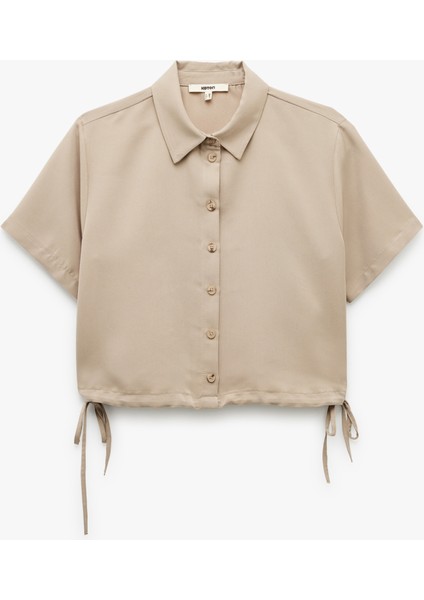 Klasik Yaka Modal Kumaş Kısa Kollu Yanları Bağcıklı Crop Gömlek