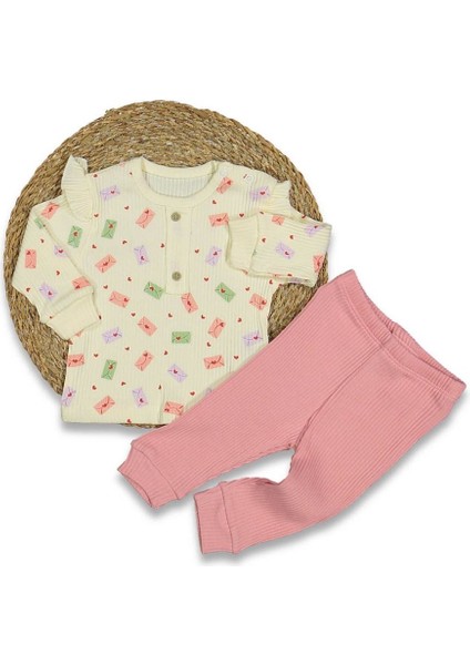 Kız Bebek Ekru Pembe Renkli Kalpli Zarf Baskılı 2'li Takım - 1014986