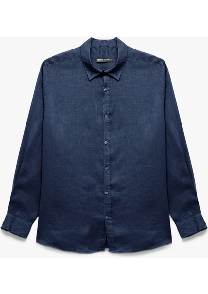 Uzun Kollu Regular Fit Düğmeli Yaka Klasik Keten Gömlek