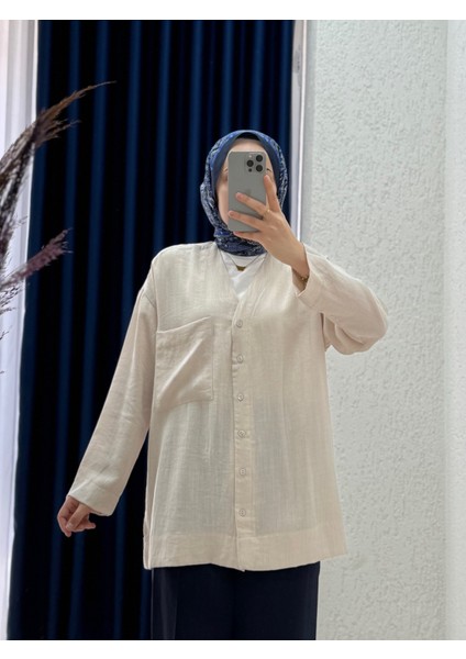 Soryla Önü Düğmeli Tek Cepli Keten GÖMLEK-BN4423 Taş