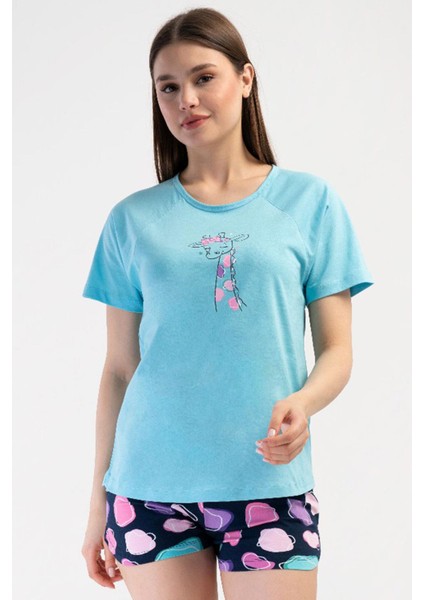 Kadın Kısa Kol Turkuaz Şortlu Pijama Takım C1T5N2O804