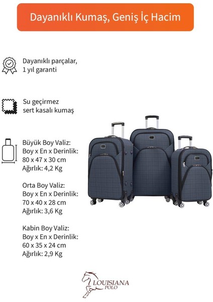 3'lü Valiz Seti 4 Teker Kumaş Valiz Lacivert 1081