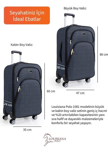 Büyük ve Kabin Boy Valiz Seti 4 Teker Kumaş Valiz Lacivert 1081 modelleri