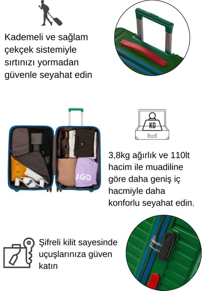 Büyük Boy %100 Polikarbon Valiz 4x2 Teker Yeşil 1088